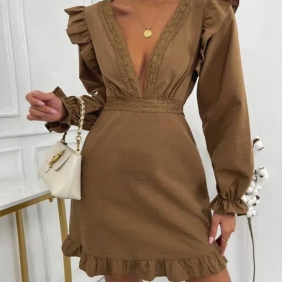 MODA ME COUTURE Dresses & Skirts - BOHO DOLLZ Plunging Neckline Mini Dress brown